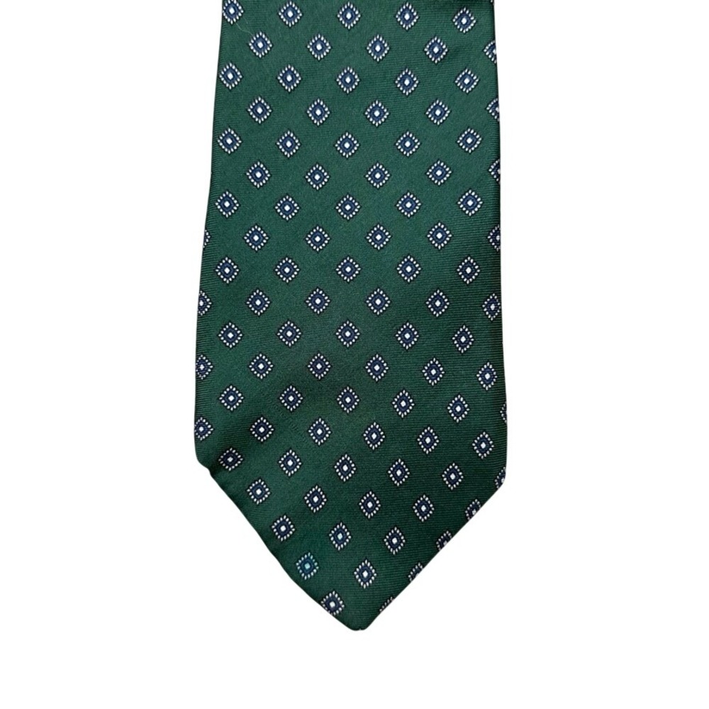 Kenneth Gordon New Orleans Silk Tie Green Geometric Foulard Hand Sewn England